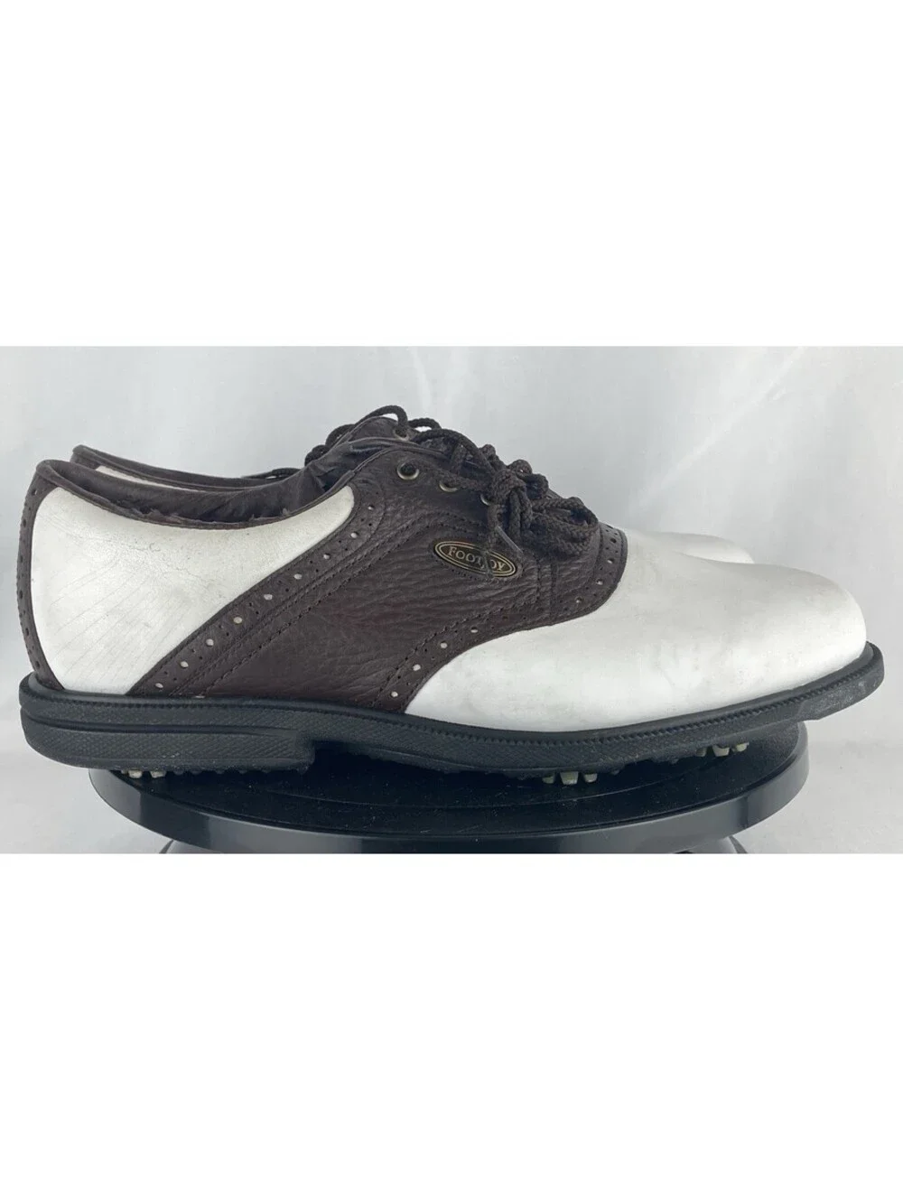 Men’s Size 10 FootJoy eComfort Golf Shoes White Brown Saddle Oxford Spikes